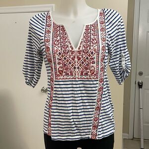 Anthropologie Tiny Leila Embroidered Tee Shirt Striped Puff sleeve‎ blouse sz XS